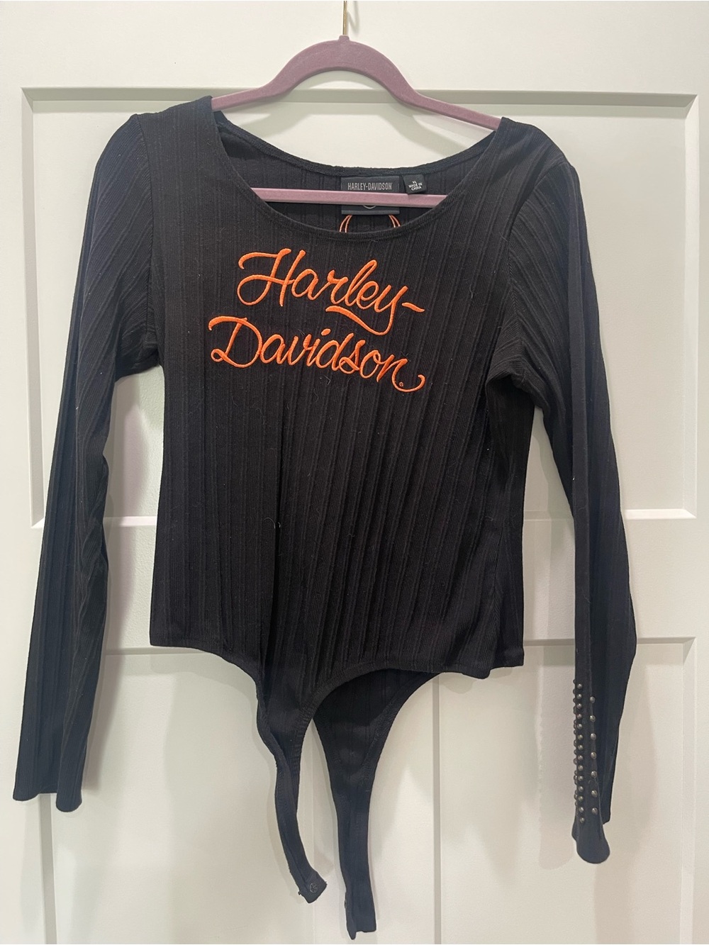 Harley-Davidson Black Ribbed Long-Sleeve Bodysuit with Orange Script
